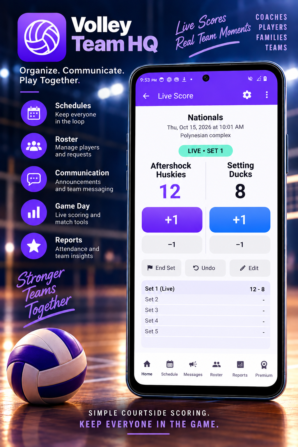 Volley Team HQ Game Day live volleyball scoring interface