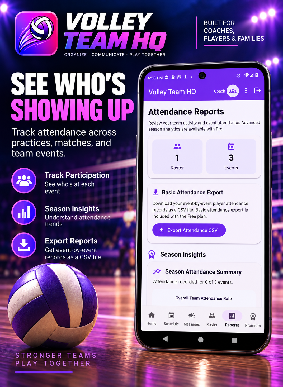 Volley Team HQ attendance reports screen