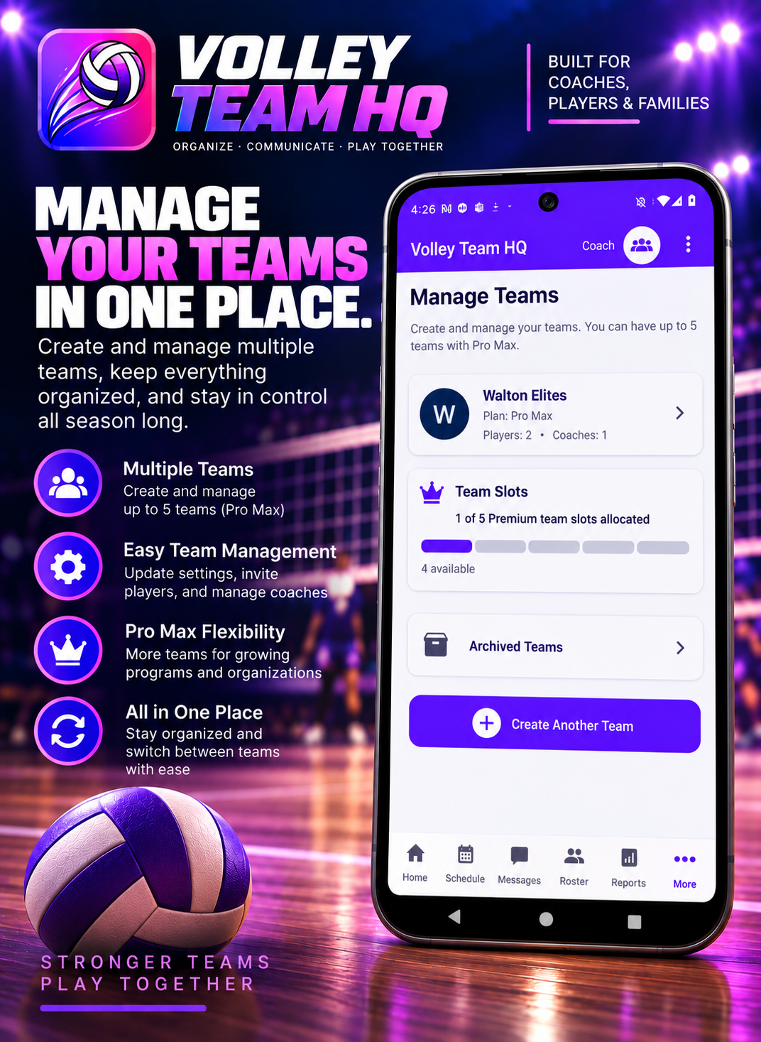 Volley Team HQ volleyball schedule screen